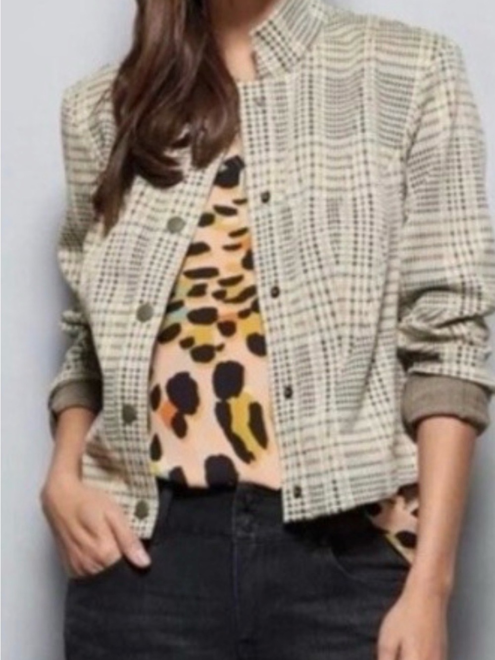 CAbi Checked Cropped Jacket in Beige and Black